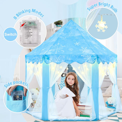 EVOIONOS Frozen Princess Tent for Girls - Kids Play Tent with Snowflake Lights, Castle Playhouse, 55 x 53 inches, Blue