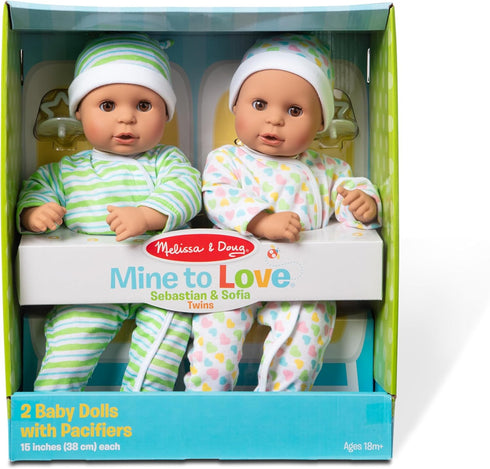 Melissa & Doug Mine to Love Twins Sebastian & Sofia 15” Baby Dolls with Rompers, Caps, Pacifiers, Medium Skin-Tone