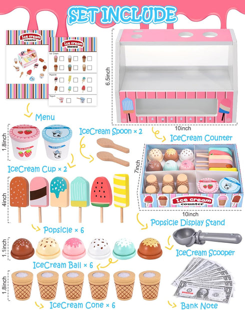 Wooden Ice Cream Toys Kitchen Play Store - Play Kitchen Accessories for Toddlers 3-5, Scoop, Menu & Fake Money