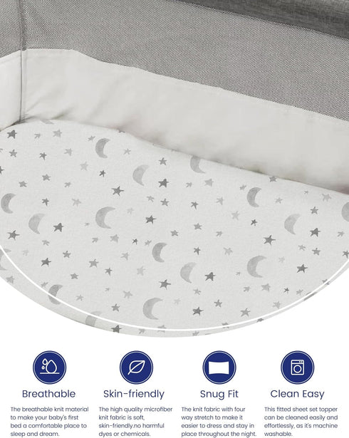 TotAha Premium Soft Pack n Play Sheets, Super Stretchy Jersey Knit Mini Crib Sheets Fitted, Silky Comfort Graco Pack and Play Mattress Sheets 2-Pack, Moon & Grey Sky by TotAha