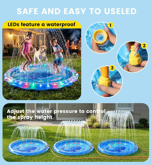 Dsquu 60" 1 2 3 4 5 6 7 8 9 LED Glowing Splash Pad Sprinkler for Kids & Dogs, Non-Slip Outdoor Water Toys Toddler