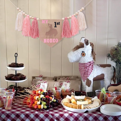 AOQURE Decorations,1st My First Rodeo High Chair Pink Tassel Banner - Cowgirl One Birthday Party Rodeo Birthday