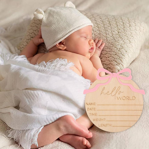 WAUAO Hello World Bow Wooden Baby Announcement Sign - Baby Girl Birth Announcement,Personalized Baby Name Sign,Bow