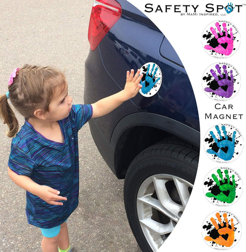 Magnet - Kids Handprint for Car Parking Lot Safety - WHITE with Black Splat Background (Blue)
