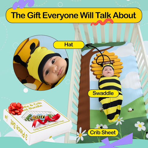 Set Cuddle Club Newborn Swaddle Gift Includes Swaddle Blanket, Hat & Crib Sheet in Fun Styles For Baby Boys & Girls