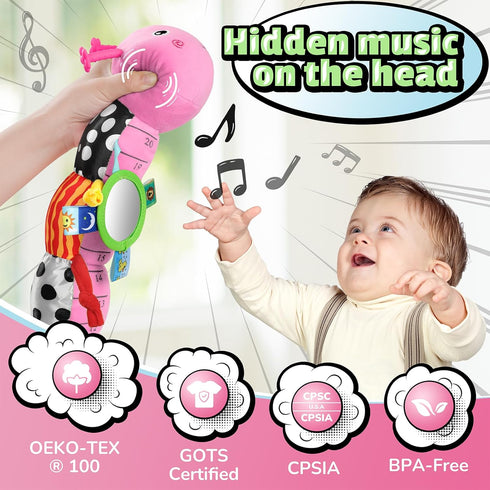 LIGHTDESIRE 3 6 12 Tummy Baby Toys Musical Caterpillar,Infant Toys Months Sensory Toy with Ruler Design,Mirror,Pull