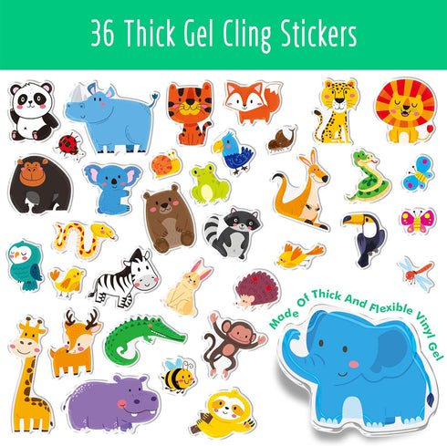 36 Reusable Jelly Sticker Book, Wild Animals Thick Jelly Stickers Waterproof Gel Cling Decals Animals Theme Matching