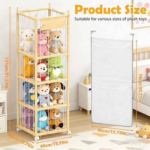 Stuffed Animal Storage,Wooden Zoo Toy Organizer with Wheels & Hanging Net, Cute Plush Toy Display Stand for Kids
