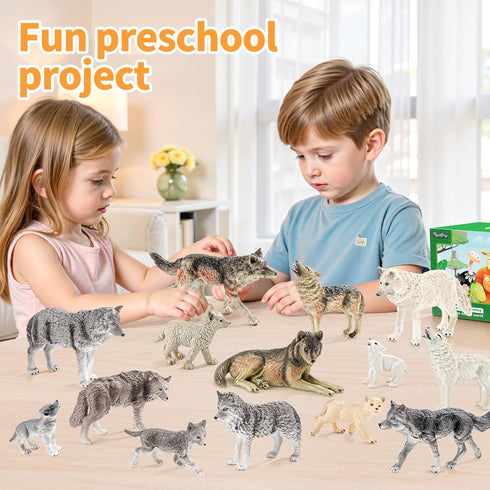 14PCS 3 4 5 6 7, Wolf Toy Animal Figurines, Realistic Plastic Zoo Safari Animal Toys for Toddlers Forest Wolf Animals