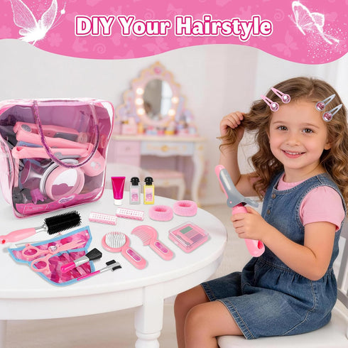 Set Set deAO Hair Salon Toys for Girls Beauty Salon Kids Pretend Hair Styling with Hairdryer, Mirror, Curling Iron