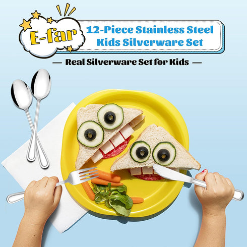 E-far 12-Piece Kids Silverware Set, Stainless Steel Toddler Utensils, Includes 4 Forks, 4 Spoons, 4 Knives, Dishwasher
