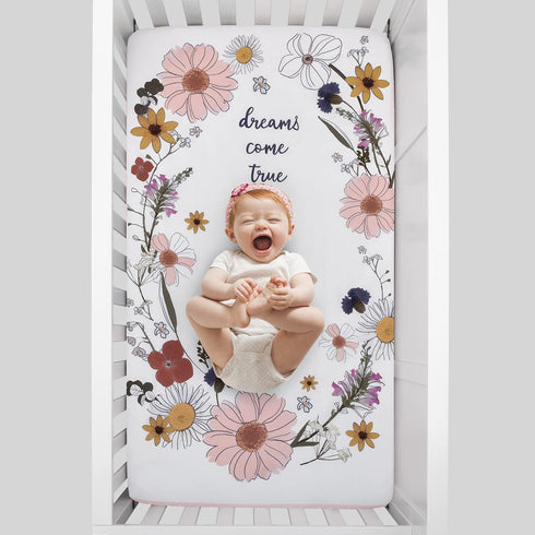 100% NoJo Keep Blooming Pink, White, Purple and Gold 'Dreams Come True' Wild Flowers Cotton Photo Op Nursery Fitted