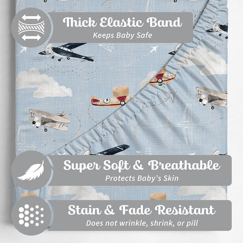 2-Pack Baby Changing Pad Cover for Boys, Girls (Watercolor Airplanes and Clouds) - Premium Fitted Sheets Baby Diaper