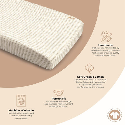 100% Crane Baby Organic Cotton Change Pad Cover, Neutral Stripe Pattern for Boys, Girls, Unisex, Ultra-Soft GOTS