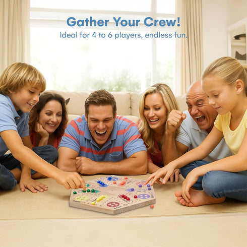 Set 6-Player Flybold Wooden Marble Board Game for Adults and Kids - Classic Strategy Game with Dice and Storage Bag