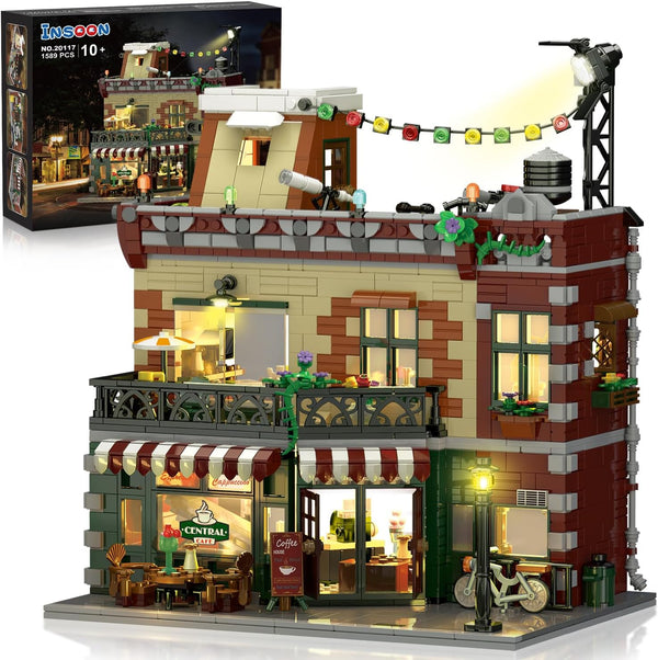 Coffee House Building Set with LED Light, 1589 PCS City Cafe Shop Block Toy for Ages 10 and Up
