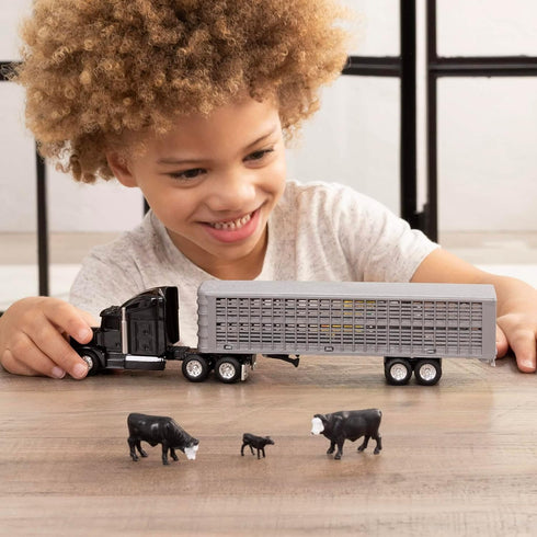 1/64 45967 ERTL Black Semi Truck with Cattle Trailer and Cattle