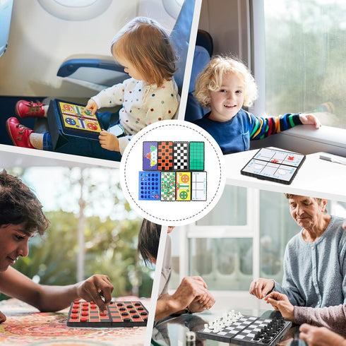 8-in-1 Set, 4 5.2'' Mini Travel Board Games Magnetic Checkers Game with Folding Magnet Board, in a Row Game, Compact