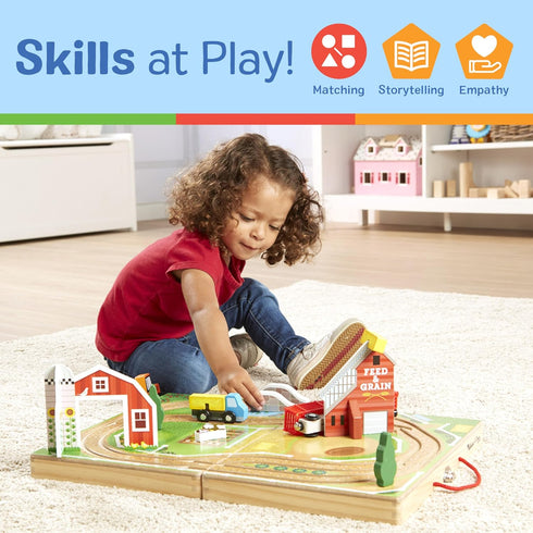 17-Piece 4 1+ Melissa & Doug Wooden Take-Along Tabletop Farm, Farm Vehicles, Play Pieces, Barn, Grain House Take-Along