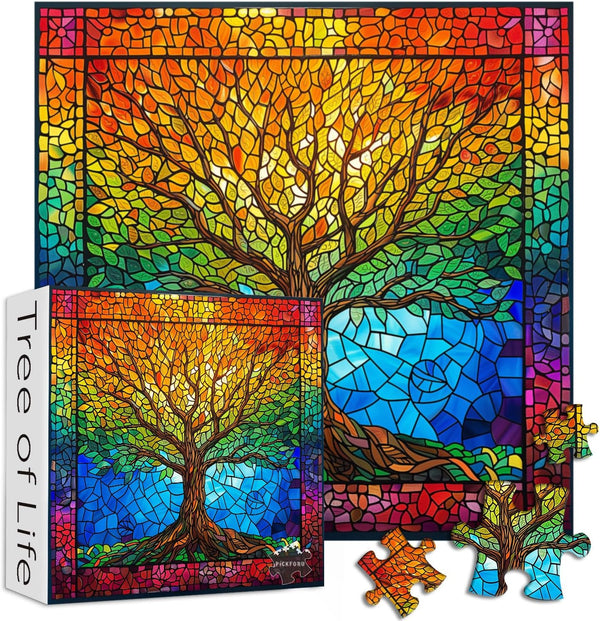 PICKFORU Stained Glass Puzzles for Adults, 1000 Pieces Mosaic Tree of Life Unique Rainbow Jigsaw Puzzle