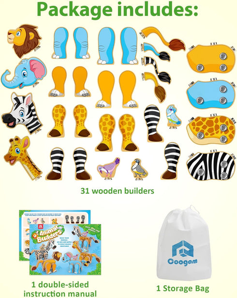 3 4 5 Coogam Wooden Snap Together Building Toy, Take Apart Construction Builders, Assembly Animal Building Blocks, STEM