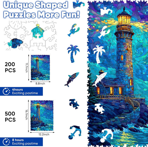 Leodozzio 200 5mm 8.8 11.7 Inch Wooden Puzzles for Adults, Lighthouse Wood Jigsaw Puzzle Pieces, Thick Unique Shaped