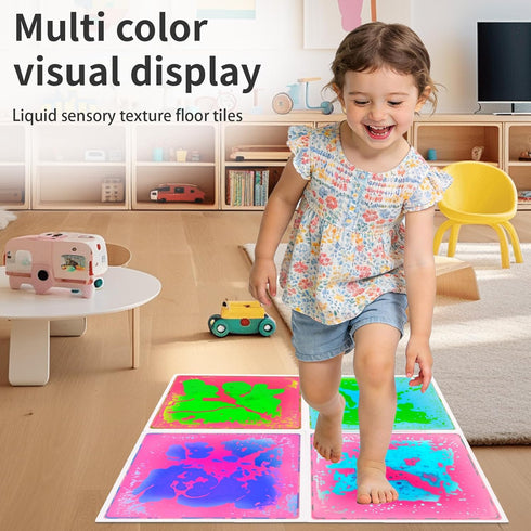 4 Pack Indoor12x12inch Sensory Liquid Floor Tiles for Kids: Liquid Fusion Activity Mat with One-Piece Glue-Free Sealing