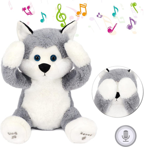 Hopearl Peek A Boo Husky Interactive Plush Dog Toy, Musical Singing Talking Stuffed Animal, Gray, 11.5''.
