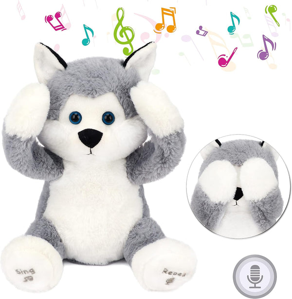 Hopearl Peek A Boo Husky Interactive Plush Dog Toy, Musical Singing Talking Stuffed Animal, Gray, 11.5''.