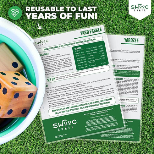 SWOOC Games - 5 Big Laminated Yardzee & Farkle Score Cards with Rules - Jumbo Score Sheet for Outdoor Dice Games