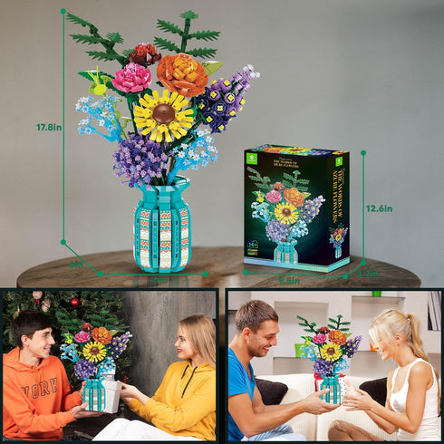 ZONECYTD Set 1853pcs Flowers Bouquet Toys Building Blocks with Vase, Roses, Sunflower, Hyacinth, Hydrangea, Artificial