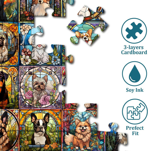 Stained Glass Dog Puzzles for Adults, 1000 Pieces, Colorful Animal Puppy Collage, Challenging Jigsaw Puzzles