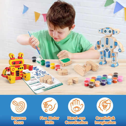 3-5, Mocoosy Wooden Robot Painting Art and Craft Kit for Kids Ages Build & Decorate Your Own Robots with Paint