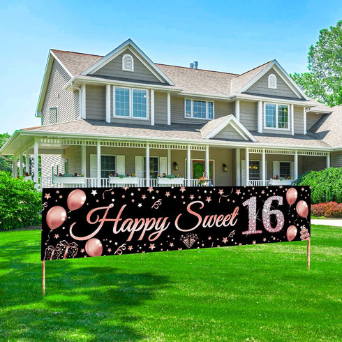 16th Birthday Decorations, Rose Gold Happy Sweet Sixteen Banner Party Supplies for Girl's 16 Year Old