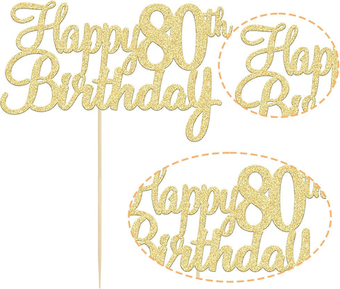 Gyufise 1Pc Gold Happy 80th Birthday Cake Topper, Glitter Cheers to 80 Years Old Cake Decorations