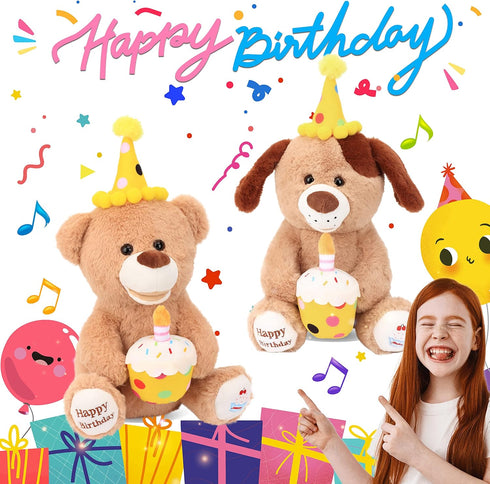 Hopearl Happy Birthday Teddy Bear with Glowing Cupcake - Musical Stuffed Animal Bear, Interactive Kids Gift, Brown