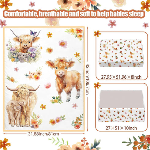 Set Set Sets Mixweer Highland Cow Crib Bedding for Boys Girls Colorful Flower Baby Crib Bedding Mini Cattle Comforter
