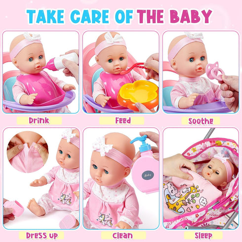 12 Set 3 4 5 6 26pcs Pillow/Highchair/2 3-5-7 Golray in Baby Doll Toys with Stroller for Year Old Girl - Babydoll