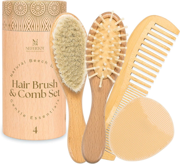 NEFERTOT Wooden Baby Hair Brush Grooming Kit with Beech Wood Goat Hair Brush,