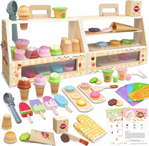 SIMPLIPLAY 2 in 1 Portable Wooden Ice Cream Toy & Cookie Play