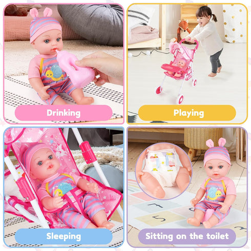 12" Set 15 3-5 deAO Baby Doll Stroller Baby Doll with Foldable Stroller PCS Accessories for Toddlers Christmas Birthday