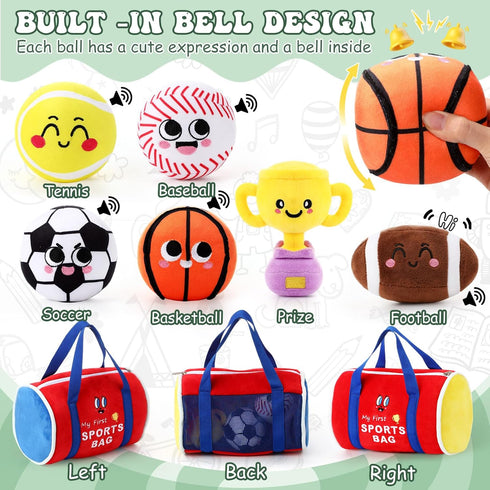 7 Playset, HyDren Pcs My First Sports Bag Plush Toys Bulit-in Bell Sports Balls and Trophy for Kids Throwing Toys Gift