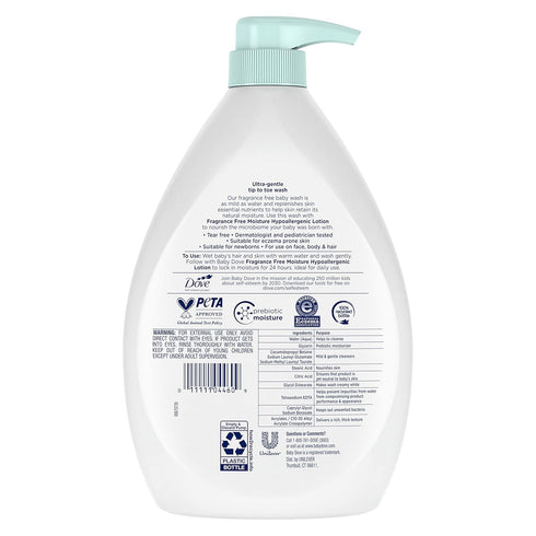 Baby Dove Sensitive Skin Care Baby Wash Fragrance Free Moisture For Baby Bath Time Fragrance Free and Hypoallergenic, Washes Away Bacteria 34 oz