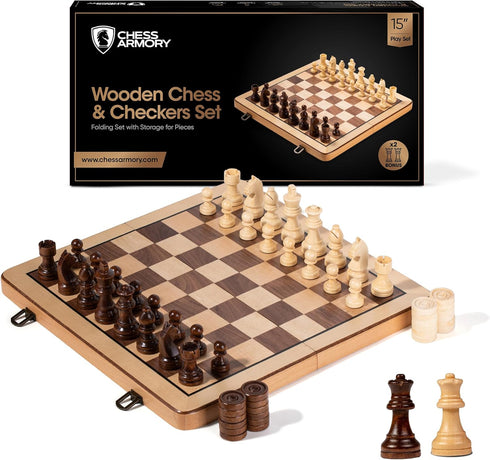 Chess Armory Premium Wooden Checkers and Chess Set - Portable Wood Case with Secure Storage for Kids and Adults (Beech