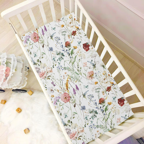 Crib Sheets for Girls Boys, Wildflower Boho Baby Sheets, Neutral Toddler Mini Crib Mattress, 27"x39"