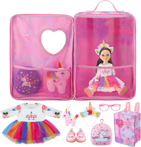 18 Inch Doll Carrier Set - Includes Clothes and Accessories for Doll Travel Bag, Dress, Shoes, Sunglasses, and Unicorn