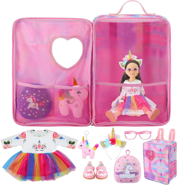 18 Inch Doll Carrier Set - Includes Clothes and Accessories for Doll Travel Bag, Dress, Shoes, Sunglasses, and Unicorn
