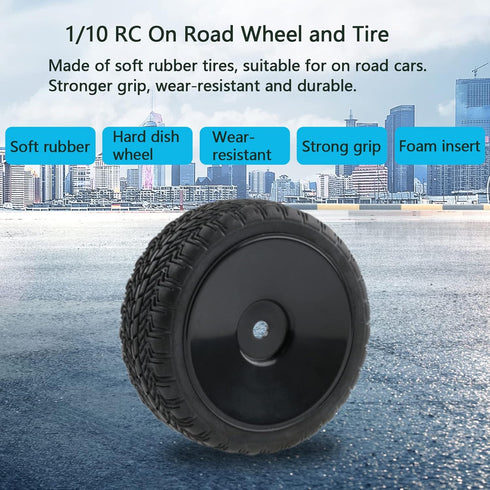 4 Pack 12mm Hex Wheels and Tires Set with Locknuts and Wrench for RC 1/10 On Road Racing Touring Car
