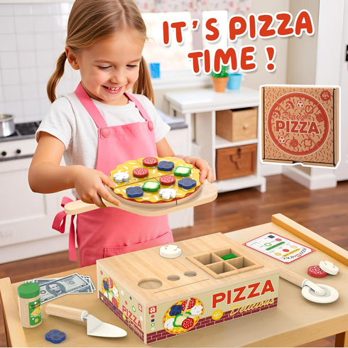 3+, Playset 3 4 5 6 Wooden Pizza Toy - Montessori Pretend Play Food for Ages Educational Learning Toy Wooden with Bake