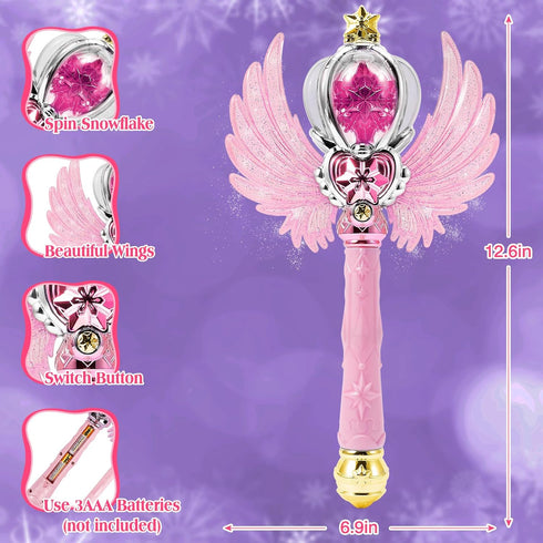 Light Up Snowflake Wand - Spinning LEDs and Sound Magic Princess Toy for Kids, Birthday Cosplay Party Favors, Pink